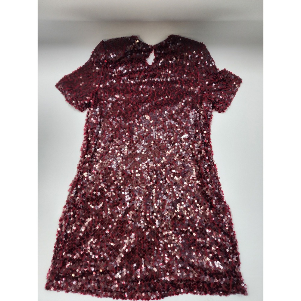 Charles Henry Burgundy Sequin Shift Dress Womens Medium Short Sleeve KeyholeBack